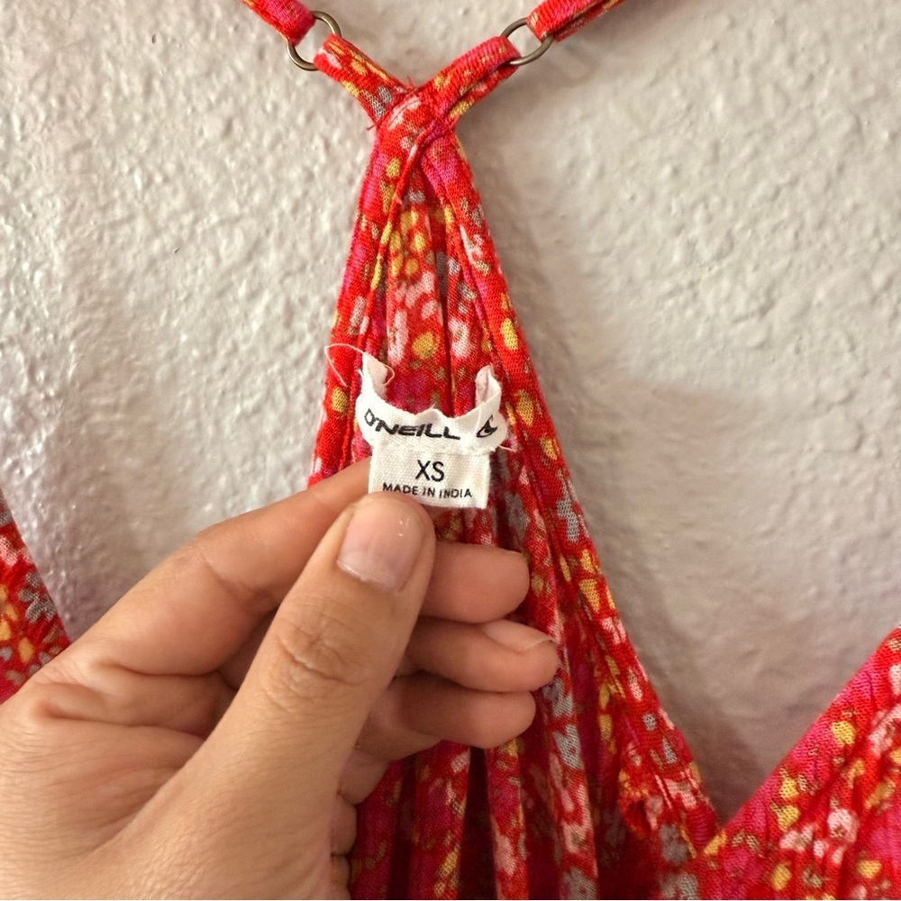 O’Neill Women's Red Floral Tie Wrap Mini Dress Bohemian Beachy Boho Size X-Small - Picture 8 of 11